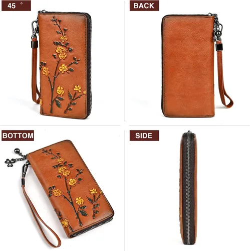 Vista 5 de Cartera de cuero con cremallera para mujer, estilo vintage, monedero de flores para mujer, Marrón, Estilo retro