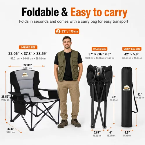 Vista 3 de Sillas de campamento de gran tamaño, paquete de 2 – Silla de campamento plegable resistente de 450 libras, sillas plegables para exteriores anchas