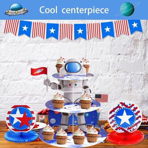 Vista 8 de Soporte de astronauta espacial para cupcakes, decoración de fiesta de cumpleaños con temática espacial, 3 niveles, soporte de cartón para cupcakes