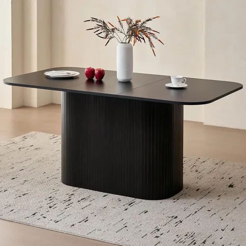 Vista 10 de Mesa de comedor de 63 pulgadas para 4 personas, esquinas redondeadas, base de pedestal a rayas, mesa rectangular moderna de granja, color beige