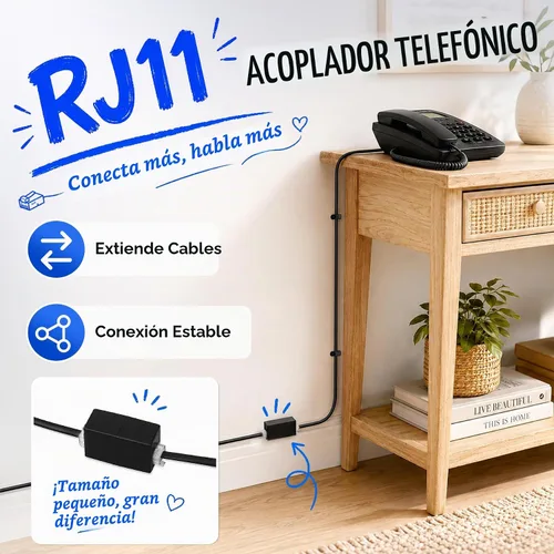 Vista 5 de Uvital Cable de extensión de teléfono de 15 pies, acoplador RJ11 y clips de Negro