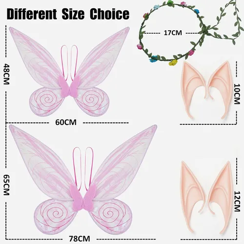 Vista 3 de Alas de hadas para niños adultos, disfraz de hadas para mujer con orejas de elfo y corona de flores, alas de mariposa para Halloween y fiesta
