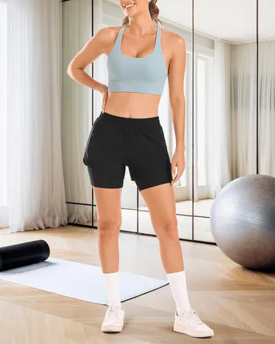 Vista 7 de Stelle Pantalones cortos de correr 2 en 1 para mujer, pantalones cortos deportivos de cintura alta, pantalones cortos de entrenamiento con forro