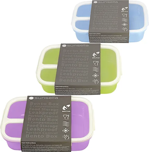 Vista 6 de Contenedor de almacenamiento de alimentos, lonchera Bento, con 3 compartimientos herméticos, Azul
