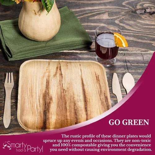 Vista 3 de Smarty Had A Party Platos desechables de hoja de palma, ecológicos, 100% biodegradables y compostables a granel para fiestas temáticas rústicas
