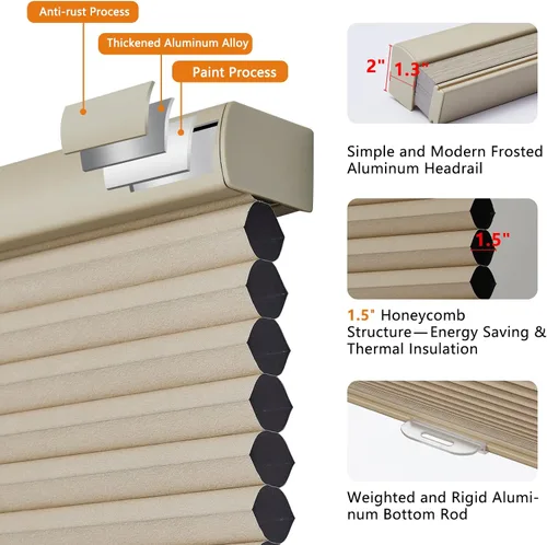 Vista 2 de Persilux Persianas Celulares Opacas Inalámbricas para Ventanas, Cortinas de Panal, Reducción de Ruido, Aislamiento Térmico para el Hogar, Beige