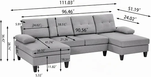 Vista 2 de Sofá modular de 105 pulgadas para sala de estar, sofá grande de 4 asientos en forma de U con diván doble, fibra de lino de poliéster para sala