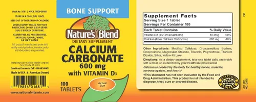 Vista 2 de Nature's Blend Carbonato de calcio 600 mg con D3 400 UI 100 comprimidos, (paquete de 1), 079854016819