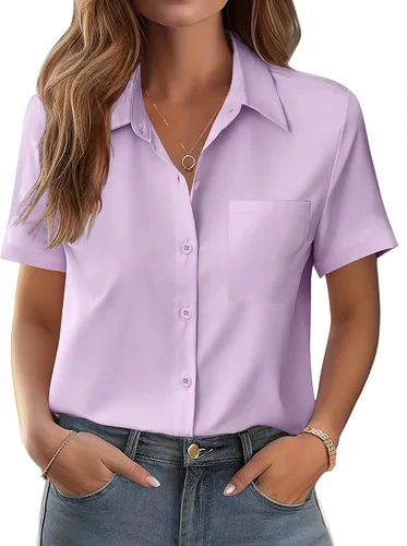 Vista 22 de Zeagoo Blusa de manga corta con botones para mujer, con bolsillo en el busto, para negocios, casual, para el trabajo, trajes de verano