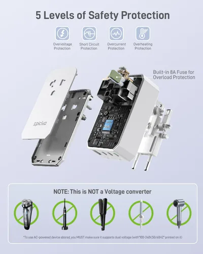 Vista 7 de EPICKA Adaptador de viaje universal Air 20W PD&QC con 1AC/3USB-C/1USB-A Adaptador de enchufe de tamaño compacto y delgado para EE. UU., UE, Reino
