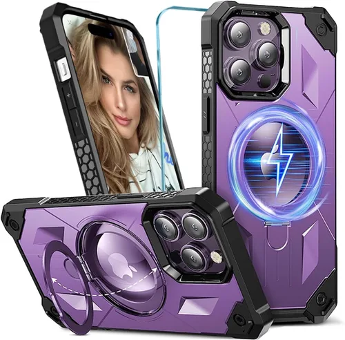 Vista 8 de Funda MagSafe compatible con iPhone 14 Pro, soporte magnético plegable invisible, soporte de anillo magnético, brillante de doble capa protectora