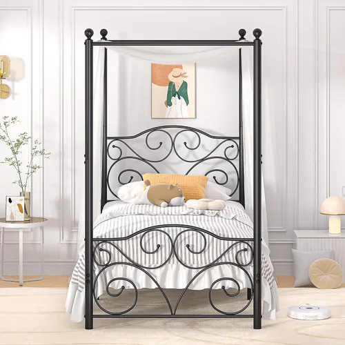 Vista 7 de VECELO Base de cama con dosel de metal, tamaño individual, base de colchón con plataforma de 4 pósteres con cabecero, soporte de listones de acero