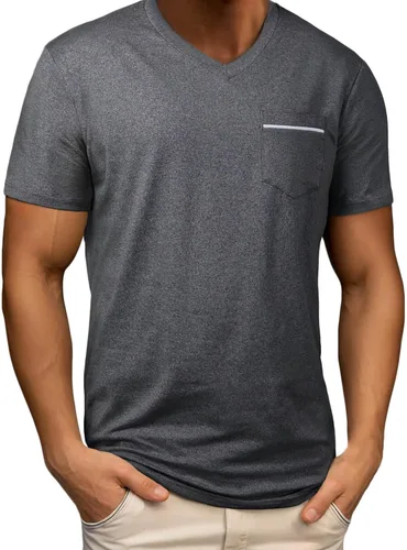 Vista 9 de Camisetas básicas de manga corta para hombre, estilo casual, color liso, cuello en V, para verano, playa, con bolsillo