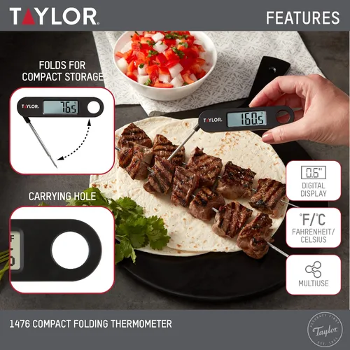 Vista 2 de Taylor 1476 - Termómetro digital de lectura instantánea para carne, barbacoa, cocina, sonda plegable, color negro