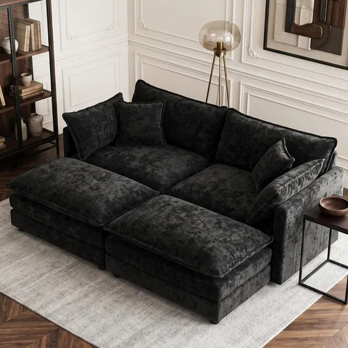 Vista 49 de Sofá individual modular de chenilla con otomana, sofá nube con almohada, color beige