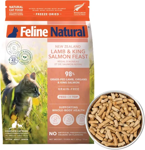 Vista 9 de Alimento para gatos seco de alta proteína Feline Natural, dieta liofilizada con 98% de carne, órganos y mariscos, sin guisantes, granos o aditivos