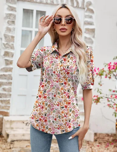 Vista 2 de Micoson Blusas para mujer, estilo casual, de manga corta, con botones, cuello redondo, holgada, túnica de verano 2023