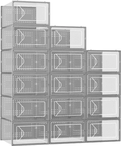 Vista 8 de Foluck Caja de almacenamiento de zapatos, paquete de 15 organizadores de zapatos apilables de plástico transparente para armario, diseño entrelazado
