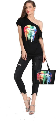 Vista 5 de MAGICMK - Camiseta casual para mujer, con estampado de labios y hombro descubierto, talla extragrande