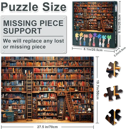 Vista 3 de Vintage Library - Rompecabezas de 1000 piezas para adultos, estantería llena de muchos libros, rompecabezas de collage de aprendizaje y educación