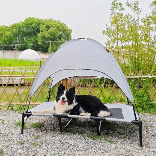 Vista 6 de Cama elevada impermeable para perros con toldo y malla de refrigeración – Cuna elevada portátil para perros grandes, tienda de campaña