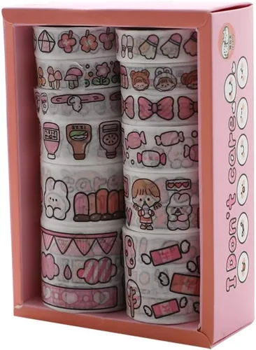 Vista 4 de 12 rollos de cinta kawaii de arte washi, suministros de oficina para la escuela, estética, juego de cinta adhesiva decorativa de dibujos animados