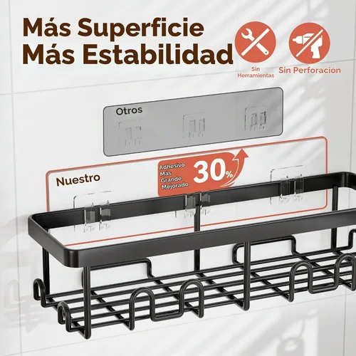 Vista 8 de YASONIC Shower Caddy Adhesive, Rustproof Shower Organizer, Wall Shower Rack Negro