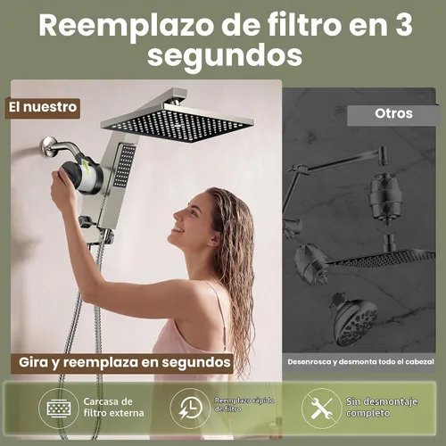 Vista 8 de JDO Cabezal de ducha de lluvia filtrado de 12 pulgadas con spray de mano Níquel cepillado