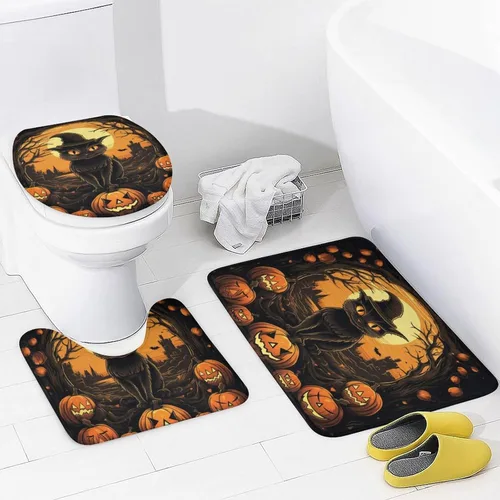 Vista 4 de Juego de 4 cortinas de ducha de Halloween, gato negro, luna llena, calabaza aterradora, cortina de ducha y alfombras, juego de cortina de ducha