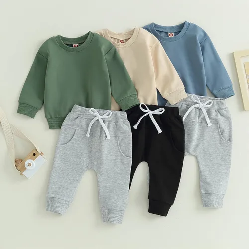 Vista 3 de 2 piezas de sudadera para bebé niño, ropa de bloque de color, manga larga, sudadera con pantalones deportivos para otoño