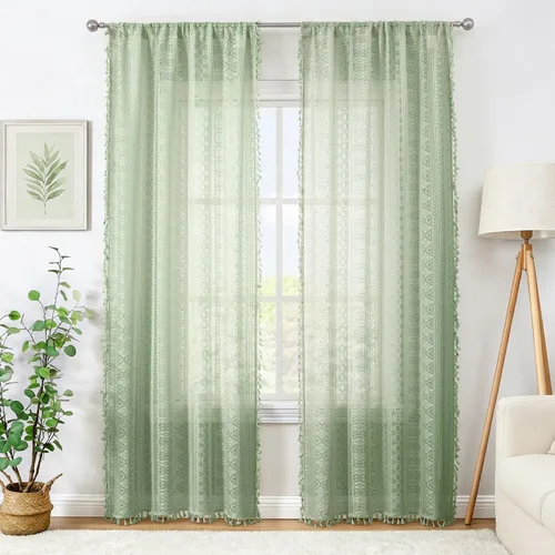 Vista 11 de Cortinas de encaje transparente con borlas de lino bohemio beige, elegante geometría de ganchillo, bolsillo para barra, cortinas de ventana