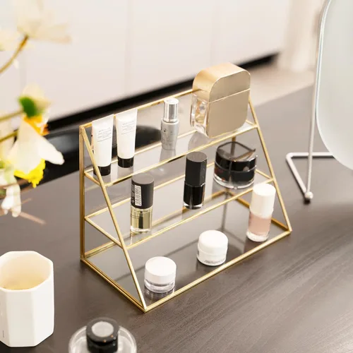 Vista 3 de FSyueyun Estuche organizador de maquillaje dorado, 3 capas de almacenamiento de maquillaje de vidrio, organizador de cosméticos, soporte de anillo