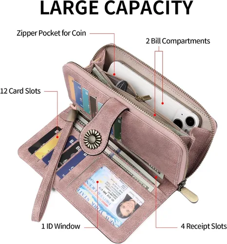 Vista 2 de SENDEFN Cartera de cuero para mujer, con bloqueo RFID, tarjetero para tarjetas de crédito, cartera de mano para mujer
