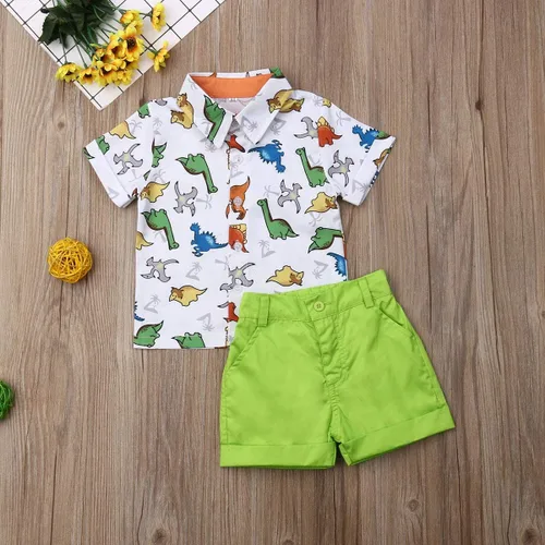 Vista 57 de Conjunto de camisa de manga corta con botones y pantalones cortos casuales con diseño de flamingo, para bebés y niños de 1 a 6 años, atuendos