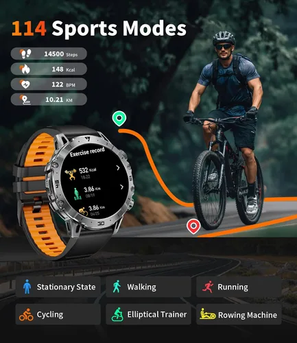 Vista 6 de Reloj Inteligente Militar para Hombres (3 Bandas), Relojes Inteligentes con Pantalla HD Grande de 1.7" y 1000mAh con Linterna LED para Android iOS