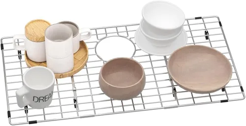 Vista 21 de Paquete de 2 rejillas de metal dorado para fregadero de cocina, 13"L X 11.6"W, protectores de fregadero de acero inoxidable con orificio de drenaje