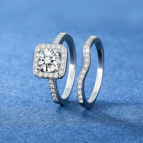 Vista 5 de MDFUN Anillo de compromiso de boda con circonita cúbica chapada en oro blanco de 18 quilates con halo de compromiso de boda y eternidad para mujer