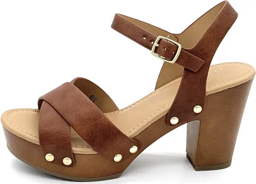 Vista 2 de STYLISH S SHIFT ~ Sandalias de tacón de plataforma para mujer, puntera abierta, correa de tobillo y tacones gruesos Canela
