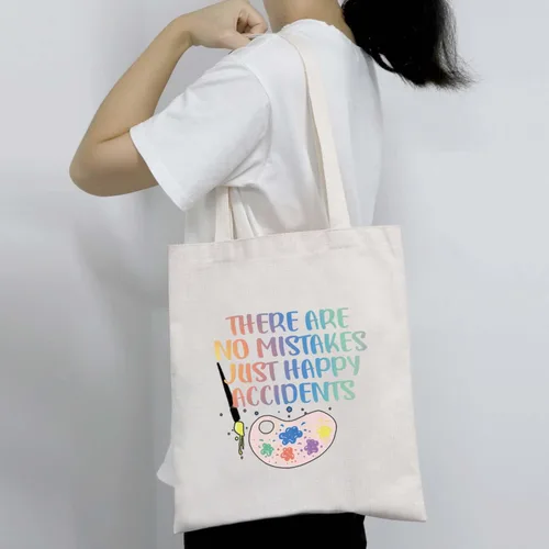 Vista 6 de BDPWSS Regalo para amantes del arte, no hay errores, solo accidentes felices, bolsa de mano inspiradora para estudiantes (sin errores TG), Blanco