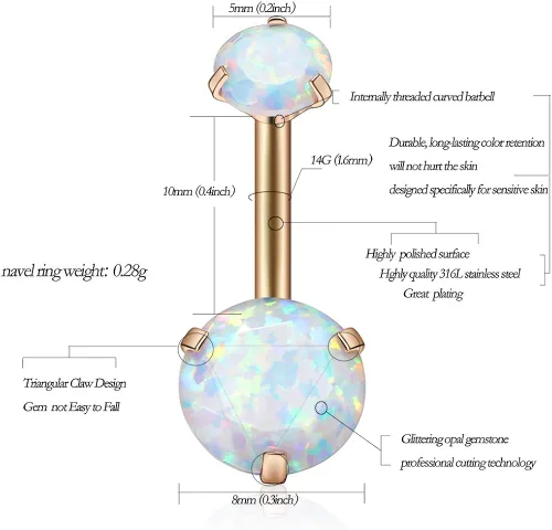 Vista 4 de Gabry&jwl Anillos para ombligo de ópalo de acero quirúrgico de 14 G, roscados internamente, anillo para el ombligo de oro rosa para mujeres y niñas