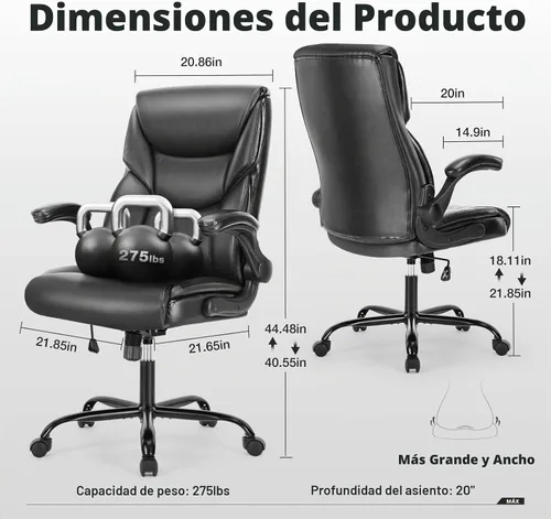Vista 2 de OLIXIS Silla de escritorio de cuero PU, silla de oficina ergonómica, reposabrazos abatibles Negro