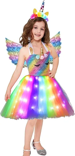 Vista 2 de Soyoekbt Unicorn Costume for Girls Unicorn Tutu Dress LED Light Up With Headband for Halloween Birthday Gift