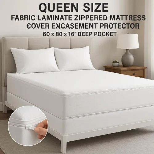 Vista 2 de Funda de colchón con cremallera tamaño Queen, funda laminada de tela de bolsillo profundo de 16 pulgadas, protector impermeable de 60 x 80 pulgadas