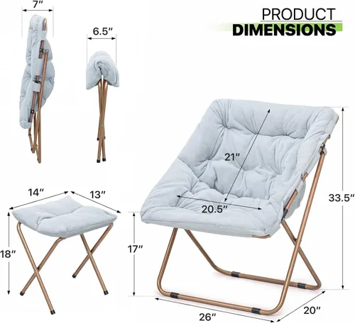 Vista 3 de Magshion Silla plegable de gran tamaño para adultos, silla de lectura con otomana, asiento circular esponjoso de piel sintética, cómoda silla