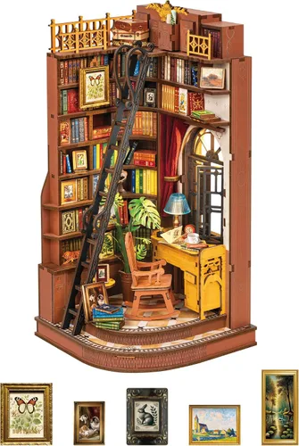 Vista 11 de ROBOTIME Kit de Rincón de Libros, Kit de Casa en Miniatura de Princesa de Cuento de Hadas para Bricolaje, Sujetalibros de Rompecabezas de Madera 3D