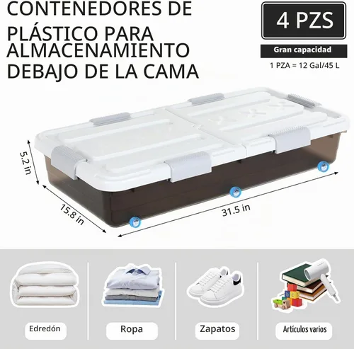 Vista 2 de Beeveer - 4 contenedores de plástico para debajo de la cama, 31.5 x 15.8 x