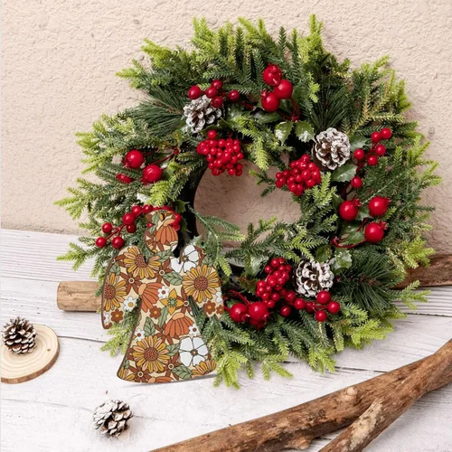 Vista 7 de Adornos de Navidad de madera con flores florales retro de los años 70 con cordeles, decoraciones colgantes con formas de ángel, adornos de rebanadas