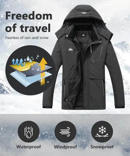 Vista 3 de Chaqueta de esquí de invierno impermeable para hombre, chaqueta de snowboard de invierno impermeable con capucha y forro polar resistente al viento