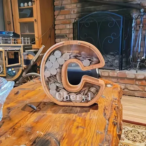 Vista 4 de Alcancía para niños y niñas, hucha grande de 26 letras del alfabeto inglés, de madera personalizada, caja de ahorro de dinero personalizada, nombre
