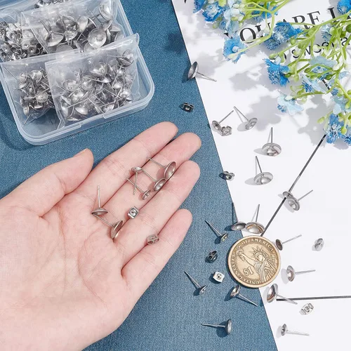 Vista 2 de UNICRAFTALE 150 piezas de 3 tamaños de aretes de acero inoxidable para aretes redondos planos y redondos, pegamento de copa de perlas, pasadores
